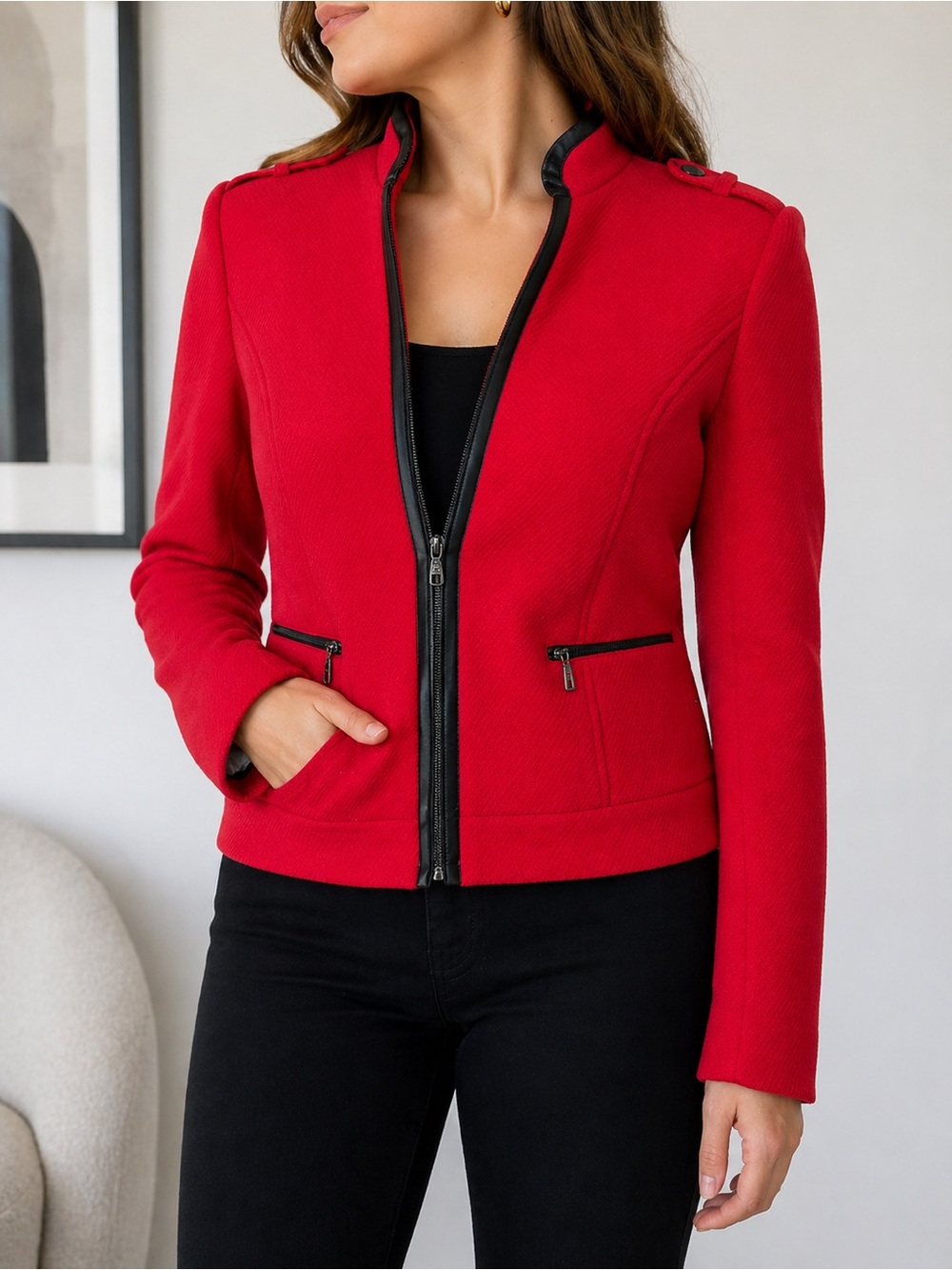 Chic Conrad C Red Zip Front Jacket Black Trim Size 8 (Fits like a 10)
